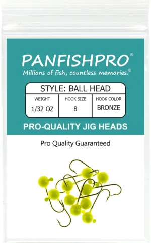 This image displays the front of the Panfishpro Pro-Quality Jig Heads package. These jig heads feature a round ball style and are colored Yellow Chartreuse, complete with a bronze number eight hook.