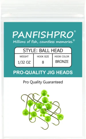 This image displays the front of the Panfishpro Pro-Quality Jig Heads package. These jig heads feature a round ball style and are colored Green Chartreuse, complete with a bronze number eight hook.