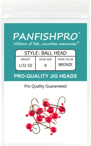 This image displays the front of the Panfishpro Pro-Quality Jig Heads package. These jig heads feature a round ball style and are colored Hot Pink, complete with a bronze number eight hook.