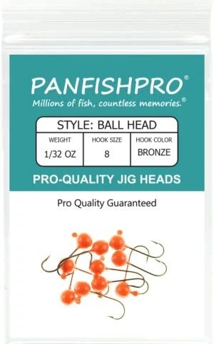 This image displays the front of the Panfishpro Pro-Quality Jig Heads package. These jig heads feature a round ball style and are colored Hot Orange, complete with a bronze number eight hook.