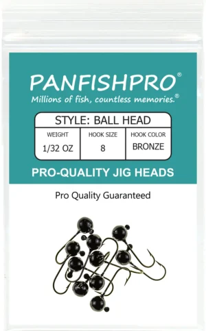 This image displays the front of the Panfishpro Pro-Quality Jig Heads package. These jig heads feature a round ball style and are colored Black, complete with a bronze number eight hook.