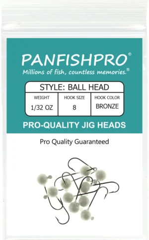 This image displays the front of the Panfishpro Pro-Quality Jig Heads package. These jig heads feature a round ball style and are colored Glow in the Dark, complete with a bronze number eight hook.