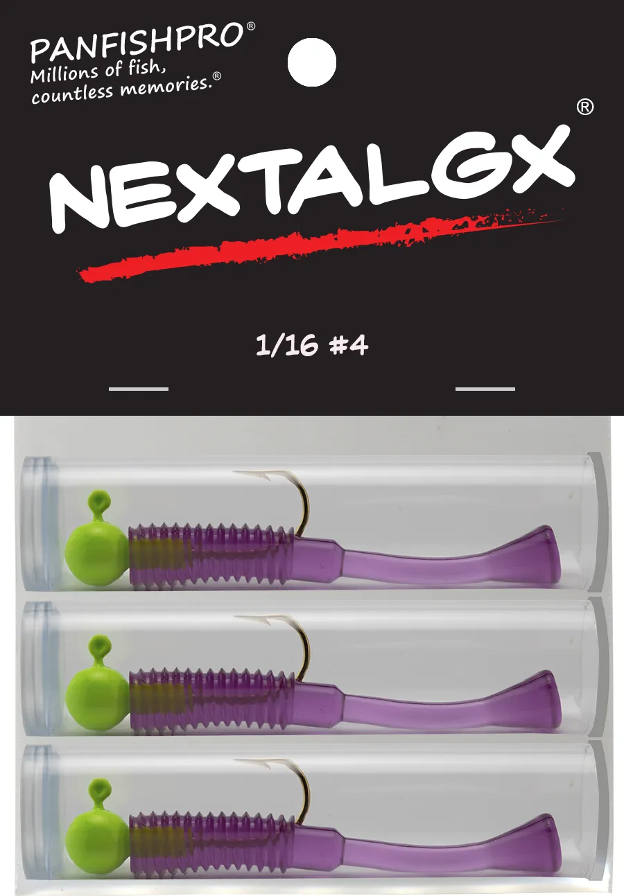 The Panfishpro® NEXTALGX® 3 pack (1/16 #4) is displayed here in GREEN/GRAPE. This item is identified by the number NEXT1604105 and carries the UPC 603658132835.