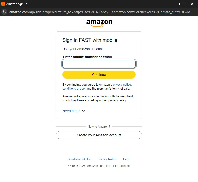 A screenshot of an Amazon sign-in window displaying a text field to enter a mobile number or email, a yellow "Continue" button, and an option to create a new account.