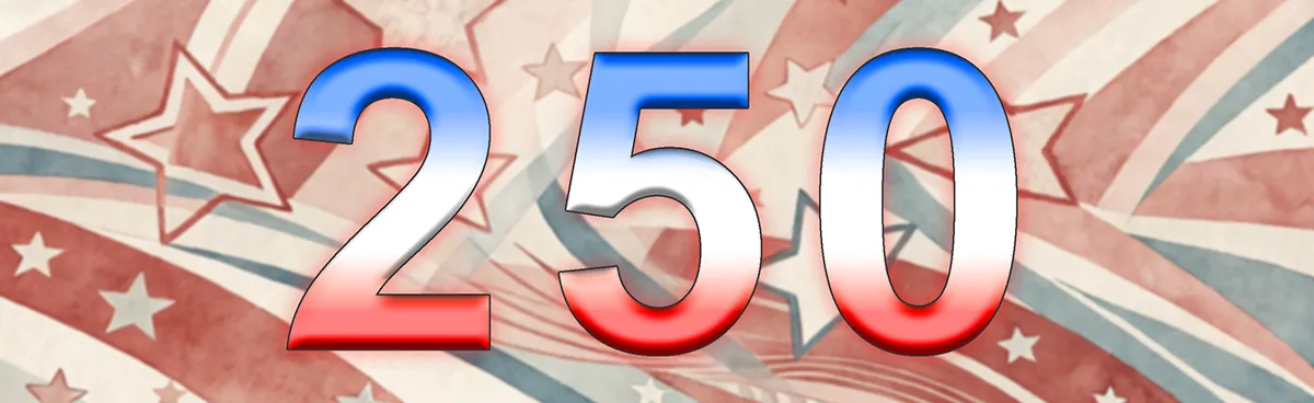 This image was designed with the intent to celebrate the 250th birthday of this nation. The digits "2", "5", and "0" are rendered in a bold, sans-serif font with a distinct 3D block effect and black outlining. Each number features a vertical gradient that mimics the colors of the American flag: blue at the top, transitioning to white in the middle, and red at the bottom. The background is a stylized, dynamic collage of elements inspired by the US flag. It includes alternating red and white stripes that curve and wave across the composition. Numerous five-pointed stars of varying sizes are scattered throughout the background. The entire image has a slightly weathered, distressed, or watercolor-like texture, softening the colors into a vintage or rustic aesthetic rather than bright, sharp digital tones.