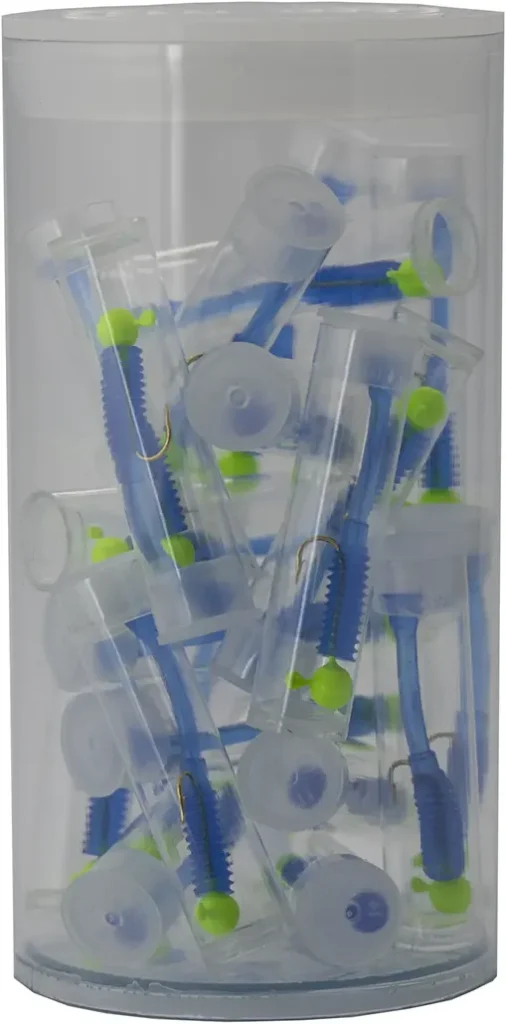 The Panfishpro® NEXTALGX® 1/32 #8 20-pack is a specialized item that organizes twenty individual NEXTALGX lures into their own separate tubes, all contained within a single large tube. This unique set is a favorite among dedicated anglers and makes an excellent gift for any fishing enthusiast. Featured here in GREEN/BRIGHT BLUE, this item is identified by time number 20NEXT3208026 and UPC 603658132552.