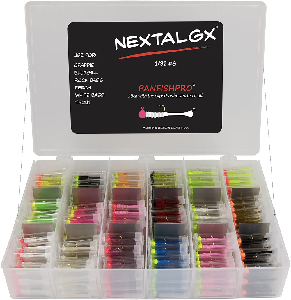 Designed for resale shops, the NEXTALGX Jig Display Case holds 360 NEXTALGX Jigs available across 20 distinct colors. Each 1.5-inch jig weighs 1/32 of an ounce, features a #8 hook, and comes individually packaged in a capped tube.