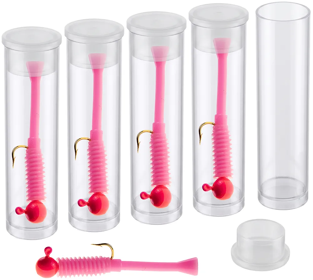 This is our current website header image. This image is a clean, professional product graphic featuring NEXTALGX brand fishing jigs. The layout is split between a product demonstration on the left and brand messaging on the right. Product Display: On the left side, there are five small, clear plastic tubes. Four of these tubes contain a single pink jig, while one tube stands empty with its cap sitting nearby on the surface. The Jigs: These are "mini" style jigs consisting of a bright hot pink round lead head and a matching hot pink ribbed soft plastic body that tapers into the cone the inventor made famous over forty years ago! Branding and Text: NEXTALGX®: The brand name is displayed in a bold, slightly stylized black font. A jagged, brush-stroke-style red line underlines the logo, adding a sense of energy or "strike" action. Tagline: Below the logo, it reads: "From the inventors of the Cubby Mini-Mite Jig." This provides historical context and suggests a legacy of quality in the panfish lure market. Visual Style: The entire composition is set against a seamless white background, which is typical for e-commerce or catalog listings. The lighting is soft and even, highlighting the translucent nature of the plastic tubes and the vibrant color of the lures.